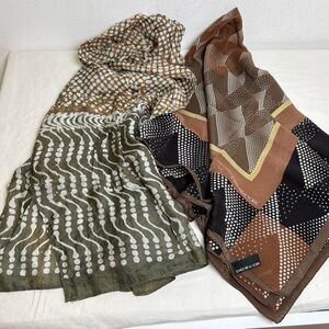 2 Vintage Genuine 100% Silk Scarves Jones New York Kumunini Neutral Earth Tones